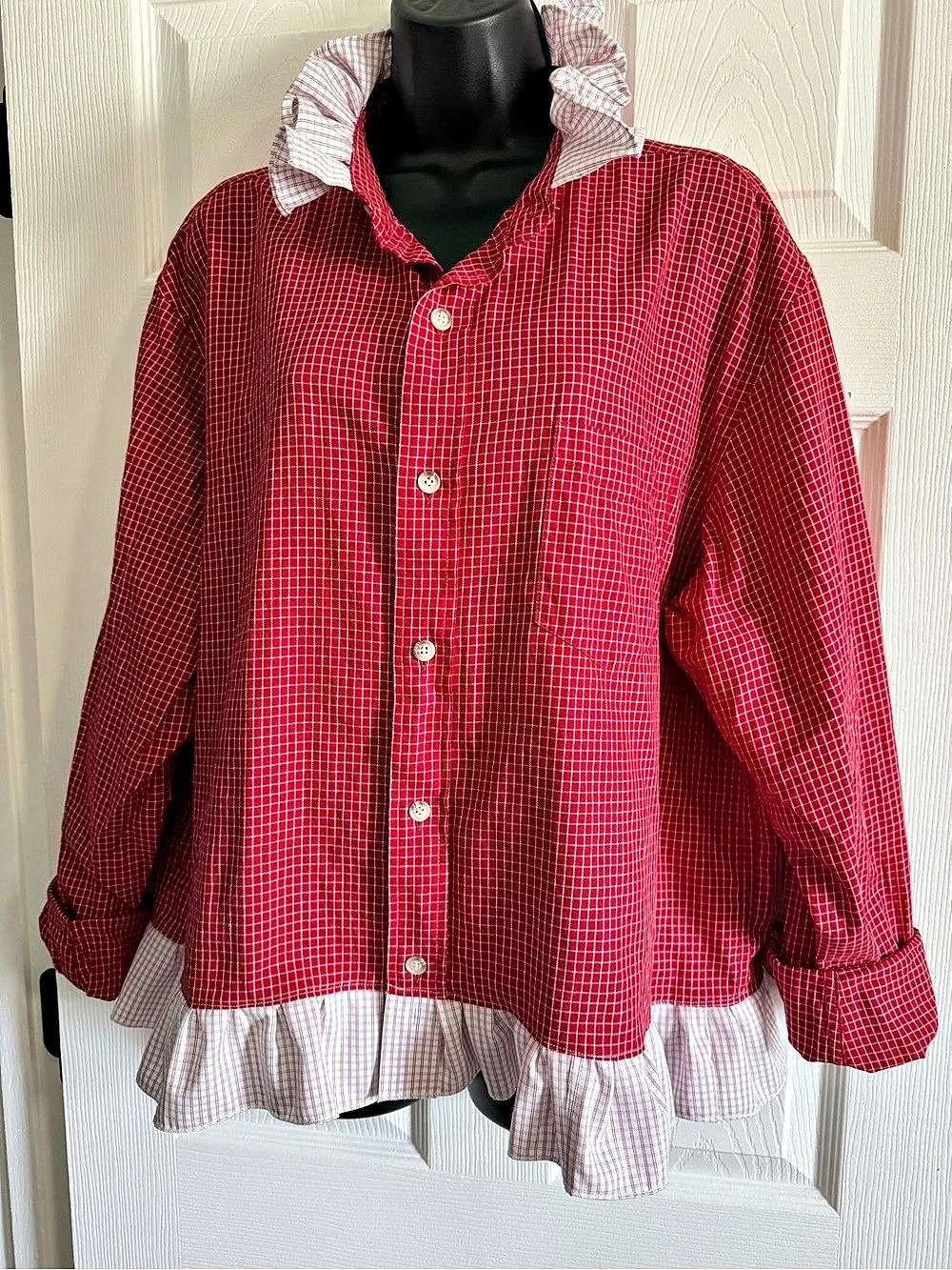 Upcycled Red & White Checkered Button Down Top Like New